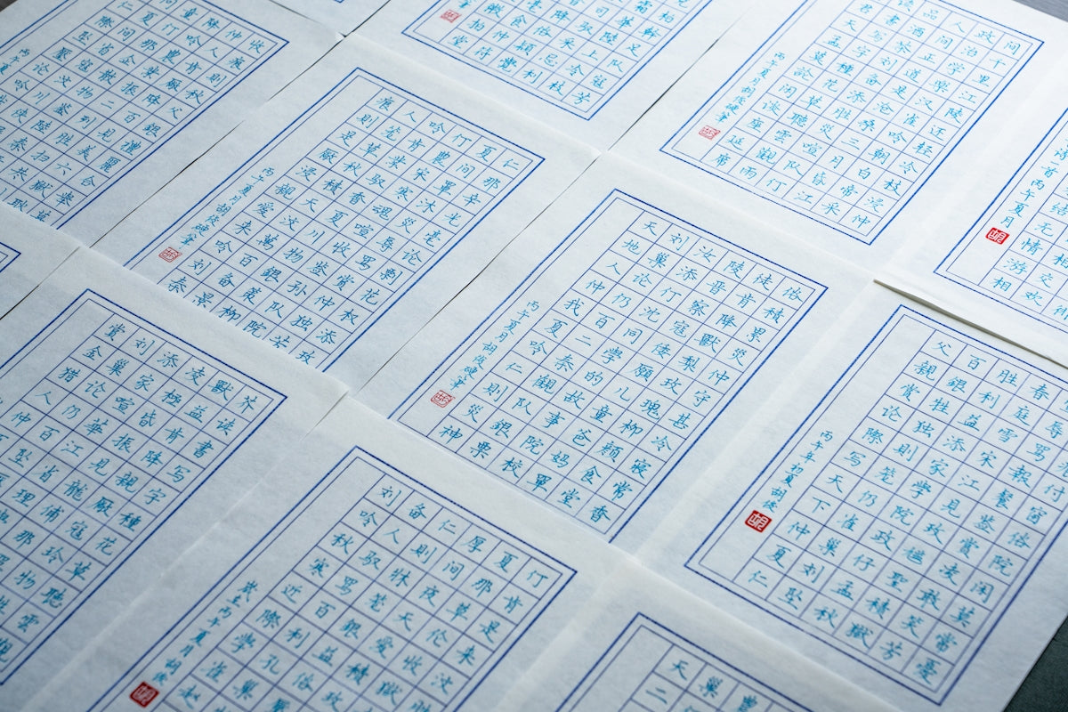 Multiple sheets of paper with chinese characters arranged in grids.
