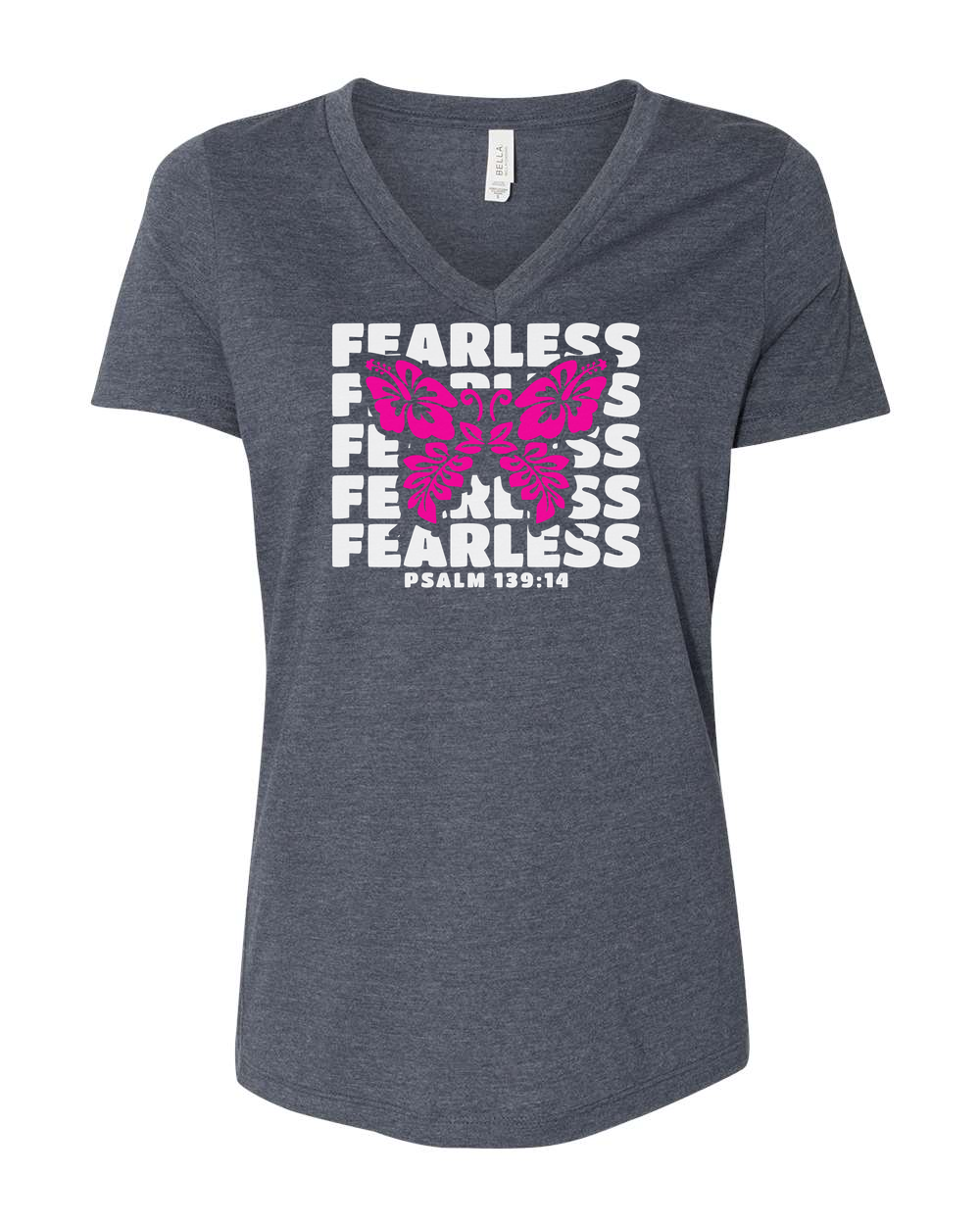 Fearless Butterfly (Psalm 139:14) Women's V-Neck Heather Navy (BC6405CVCF)