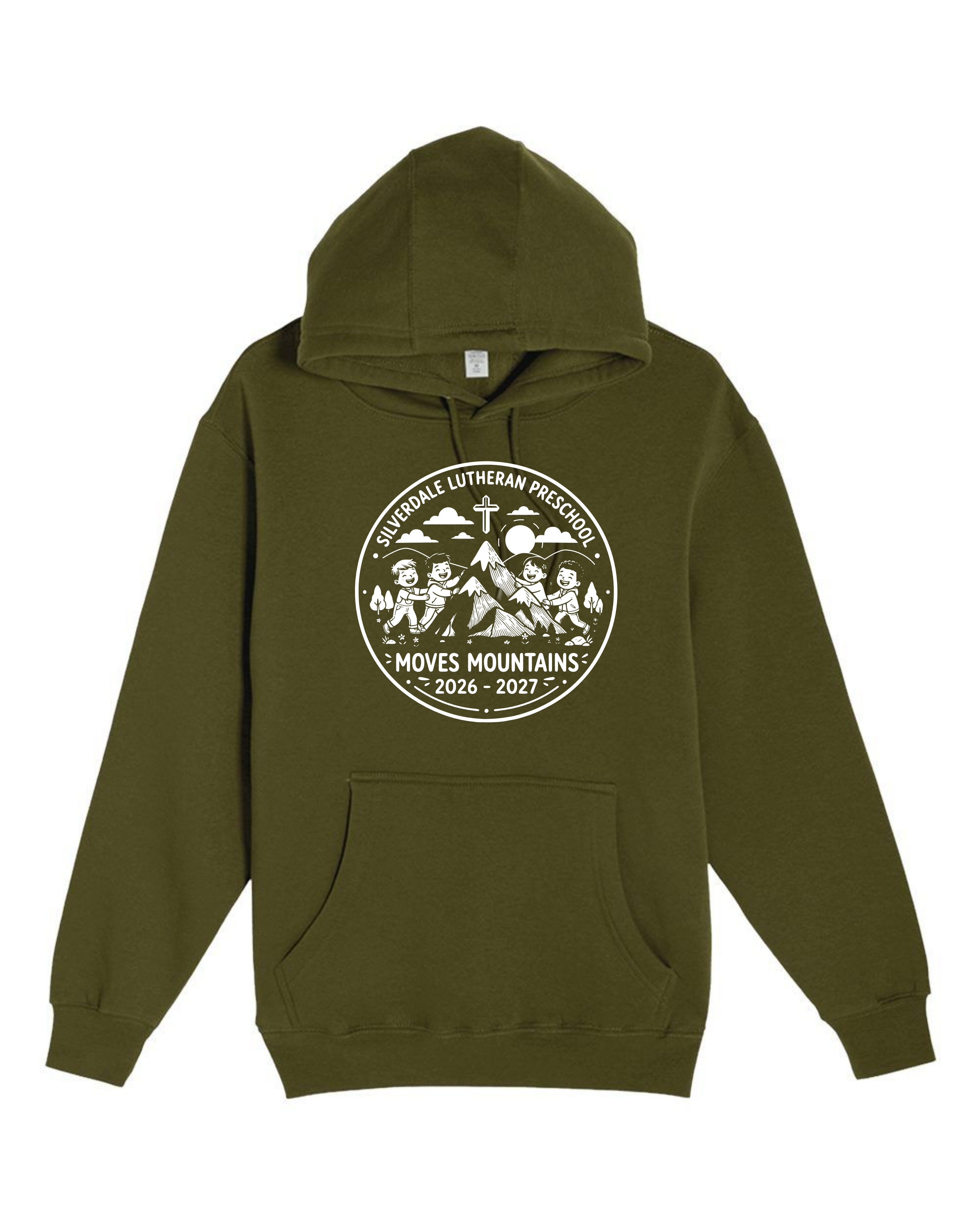 Silverdale Lutheran Preschool Hoodie — Army Green — Moves Mountains design