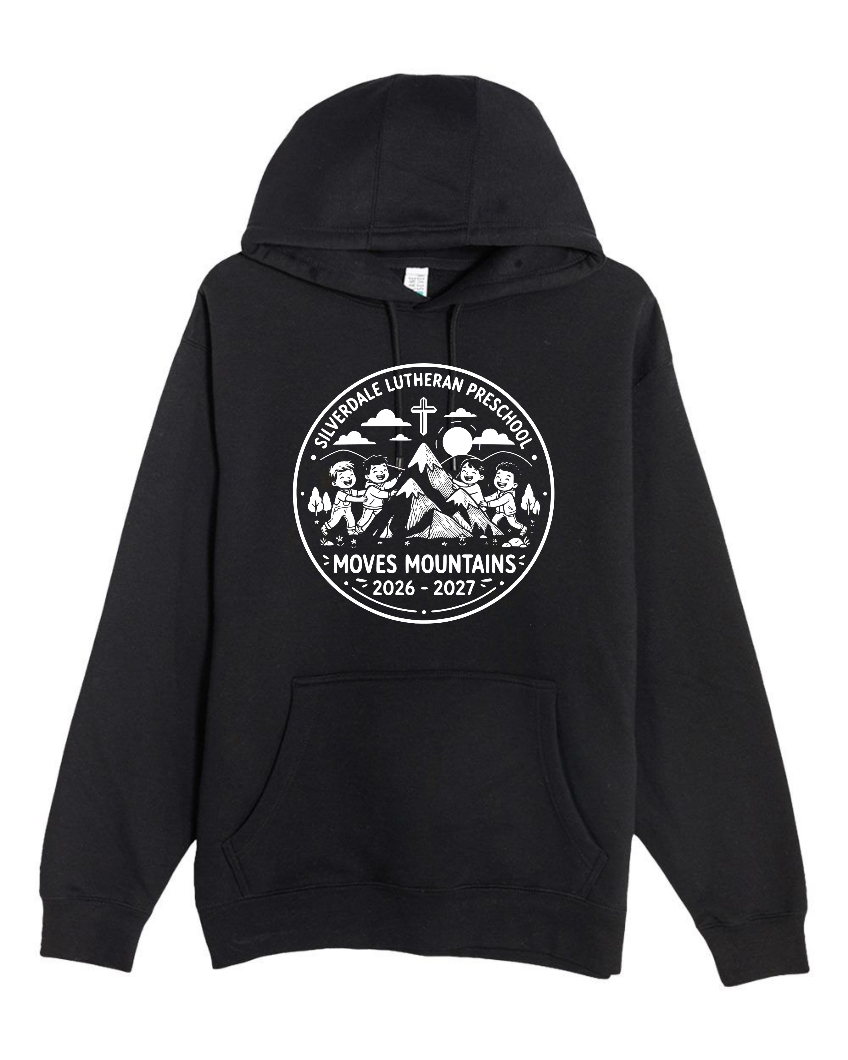 Silverdale Lutheran Preschool Hoodie — Black — Moves Mountains design