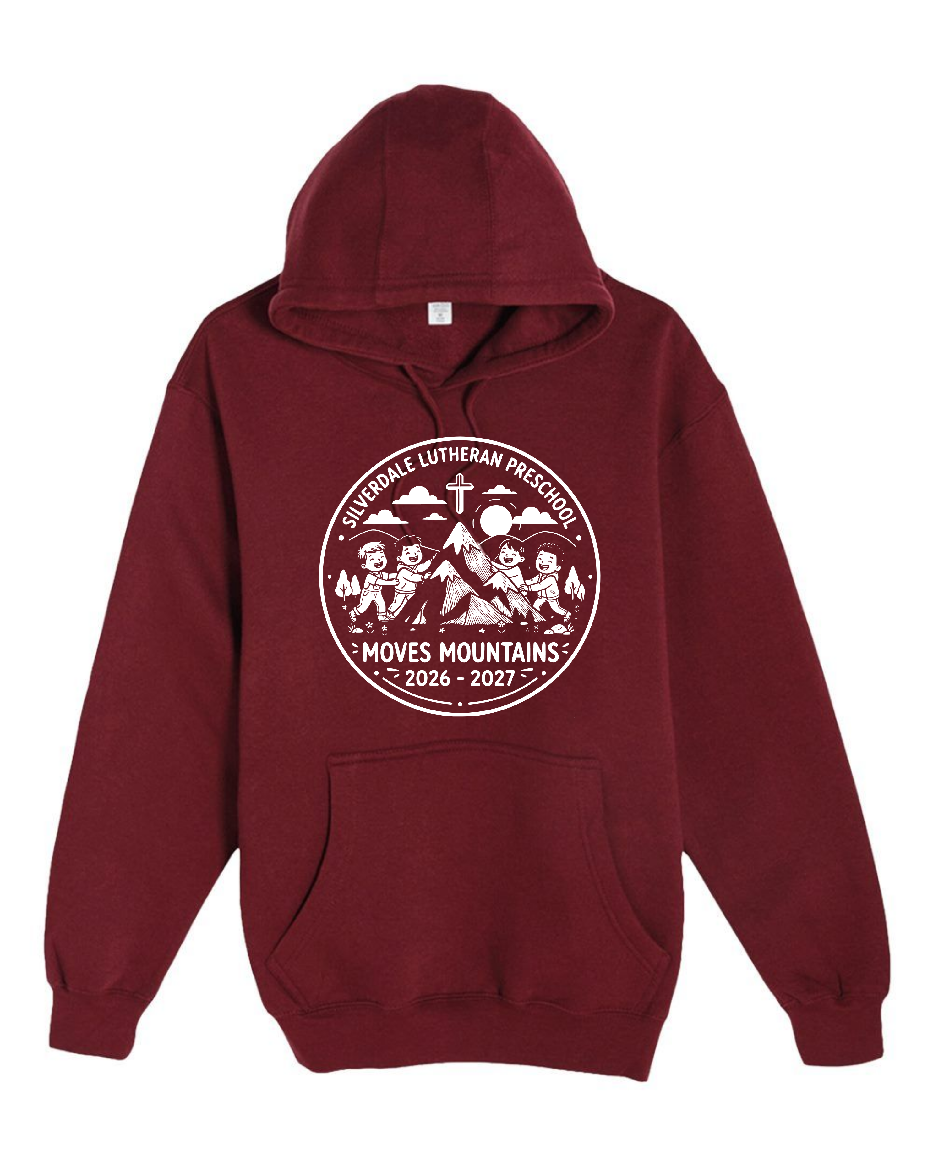 Silverdale Lutheran Preschool Hoodie — Burgundy — Moves Mountains design