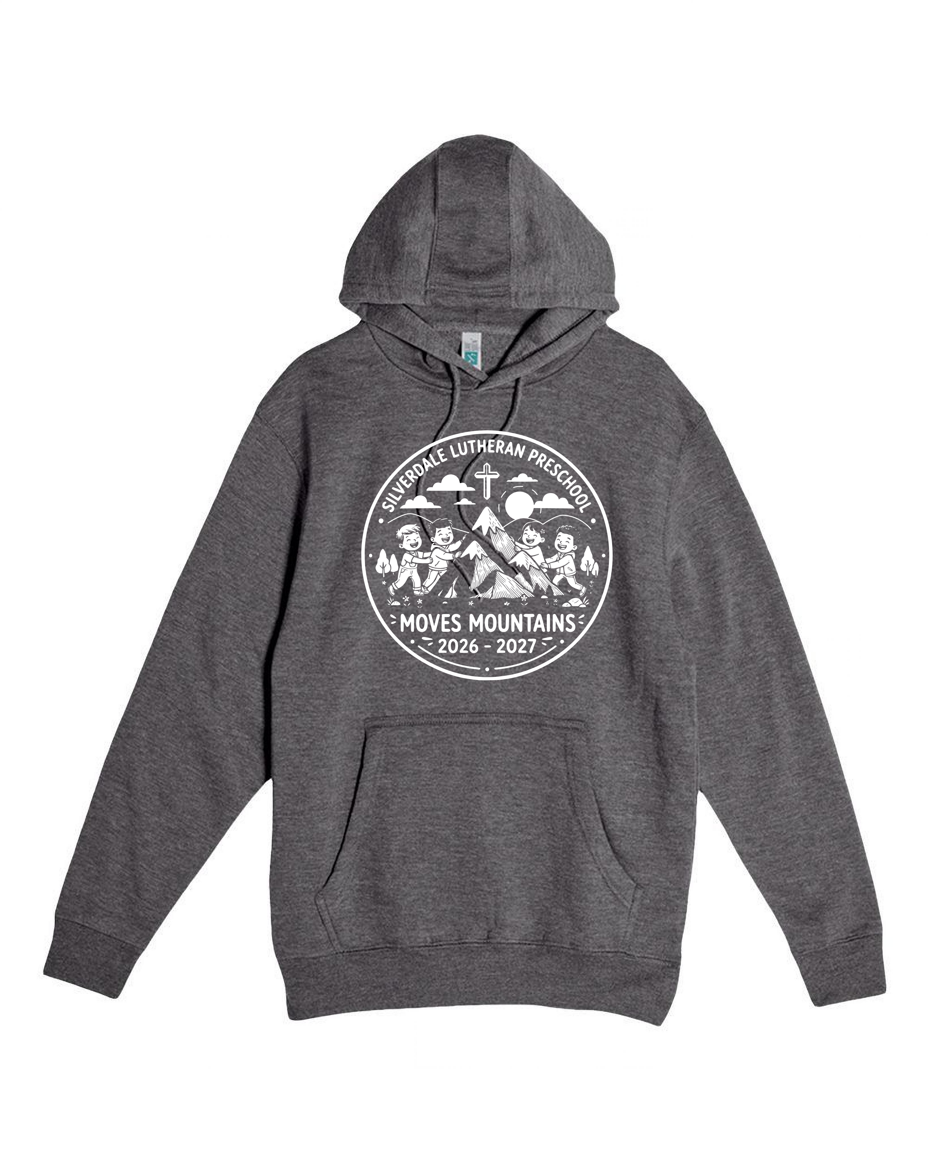 Silverdale Lutheran Preschool Hoodie — Charcoal Heather — Moves Mountains design