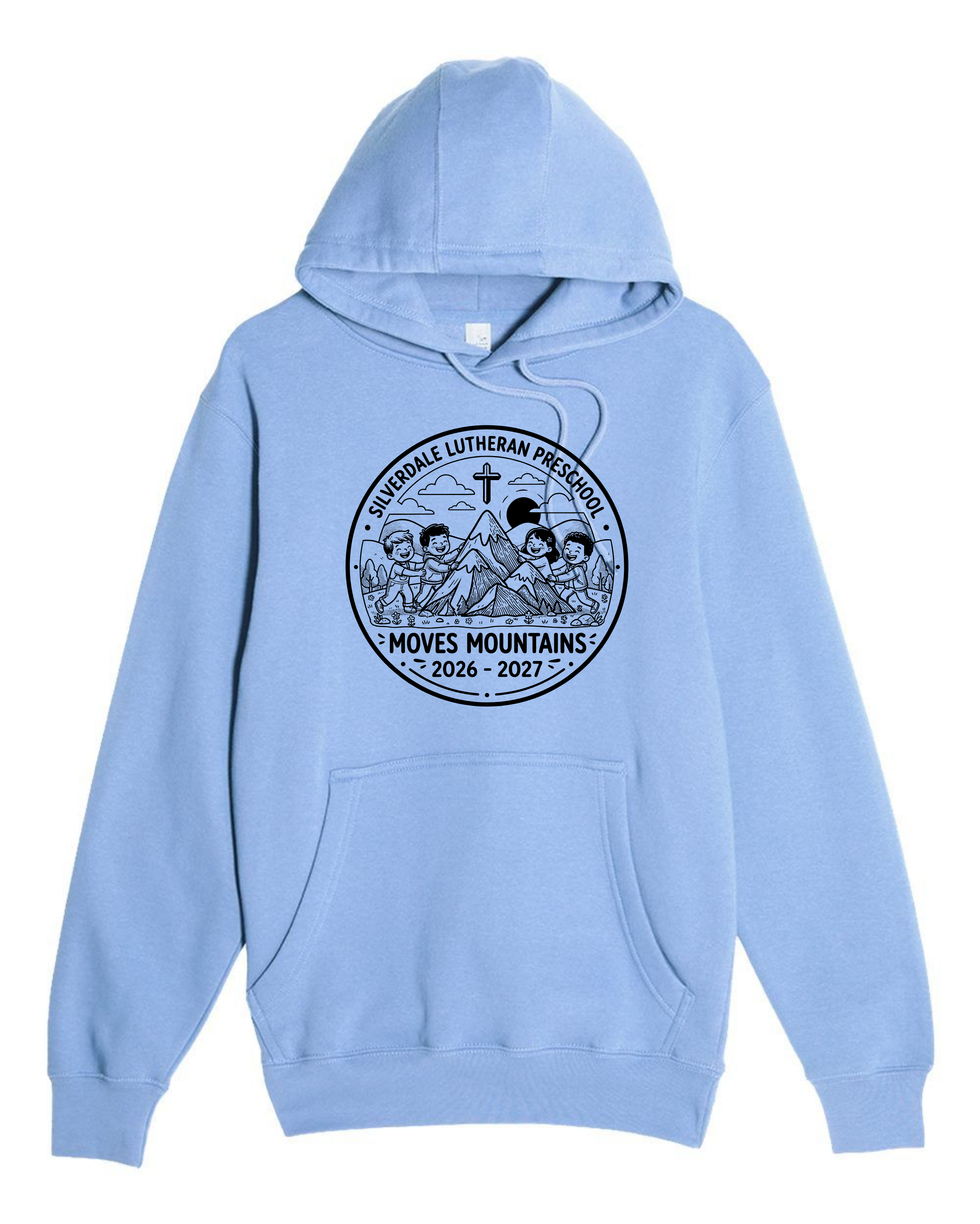 Silverdale Lutheran Preschool Hoodie — Colony Blue — Moves Mountains design