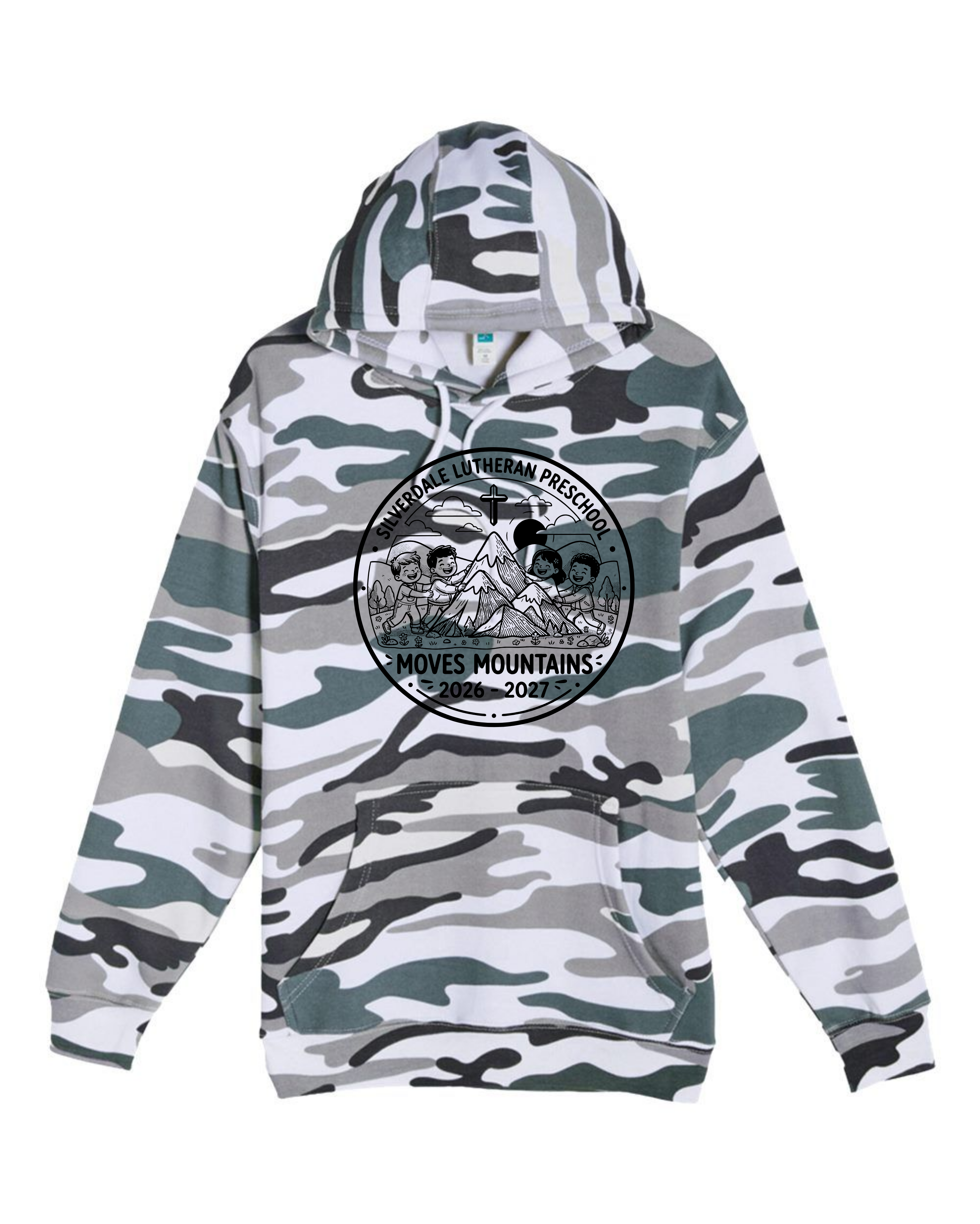 Silverdale Lutheran Preschool Hoodie — Sage Camo — Moves Mountains design