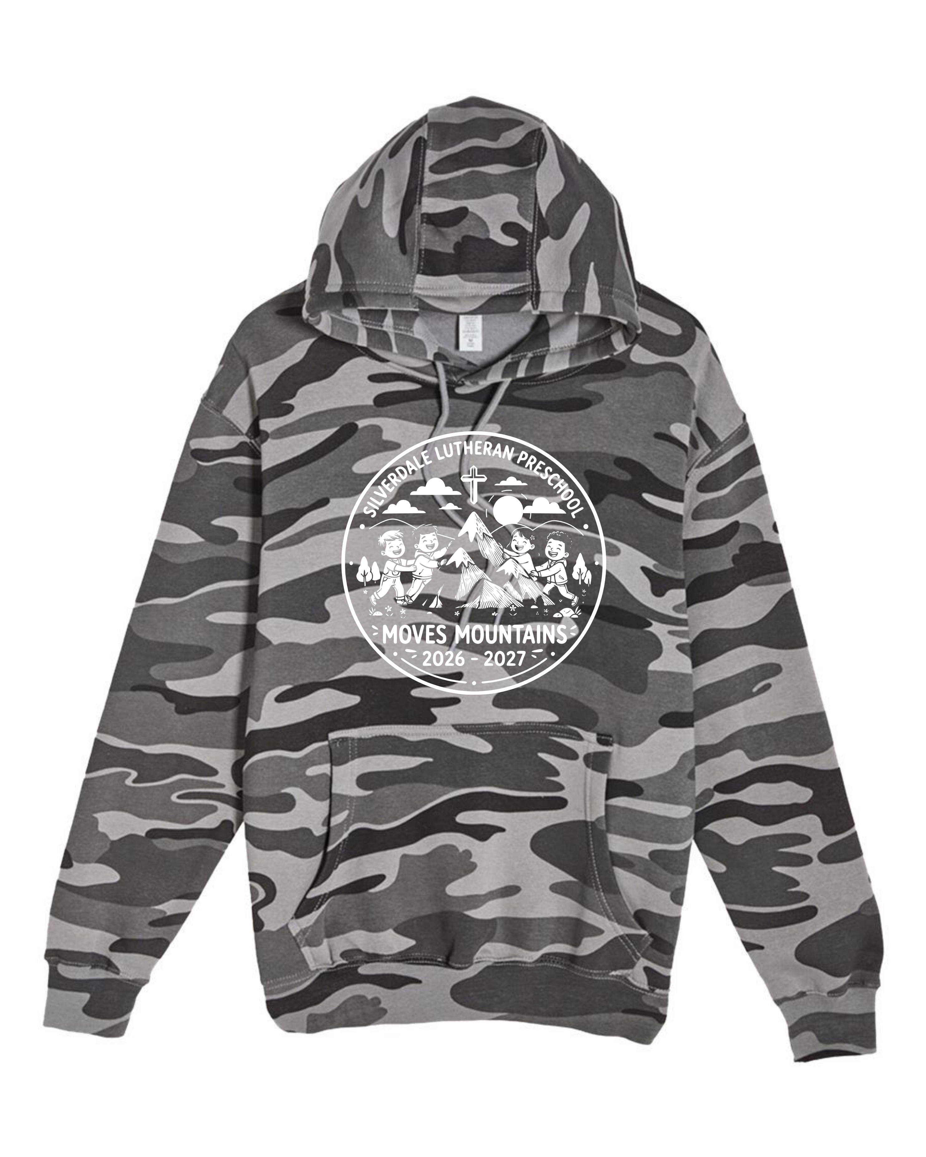 Silverdale Lutheran Preschool Hoodie — Slate Camo — Moves Mountains design