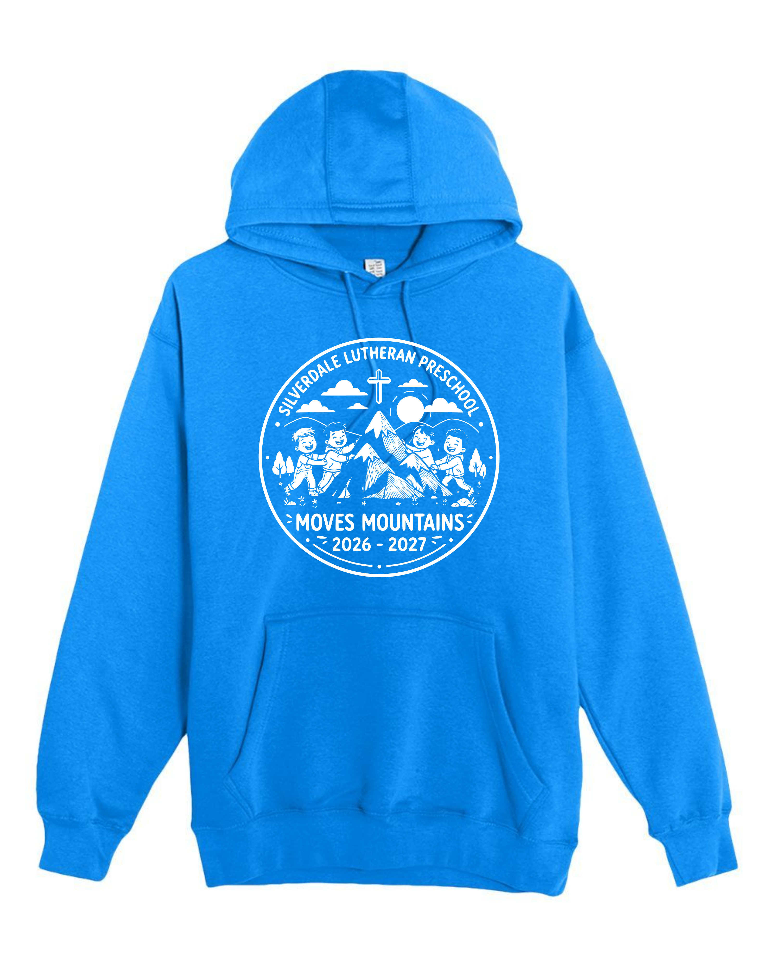 Silverdale Lutheran Preschool Hoodie — True Royal — Moves Mountains design