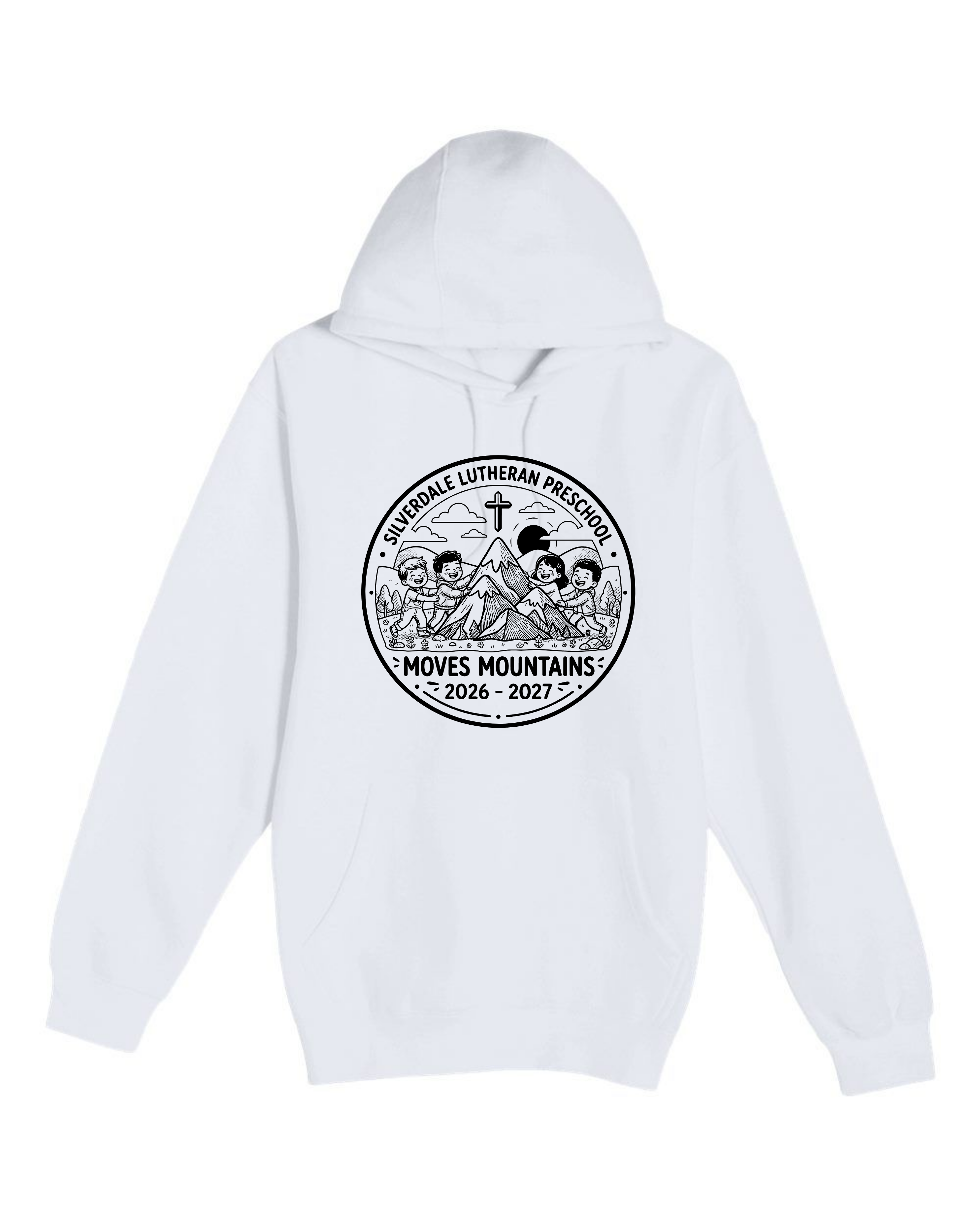 Silverdale Lutheran Preschool Hoodie — White — Moves Mountains design