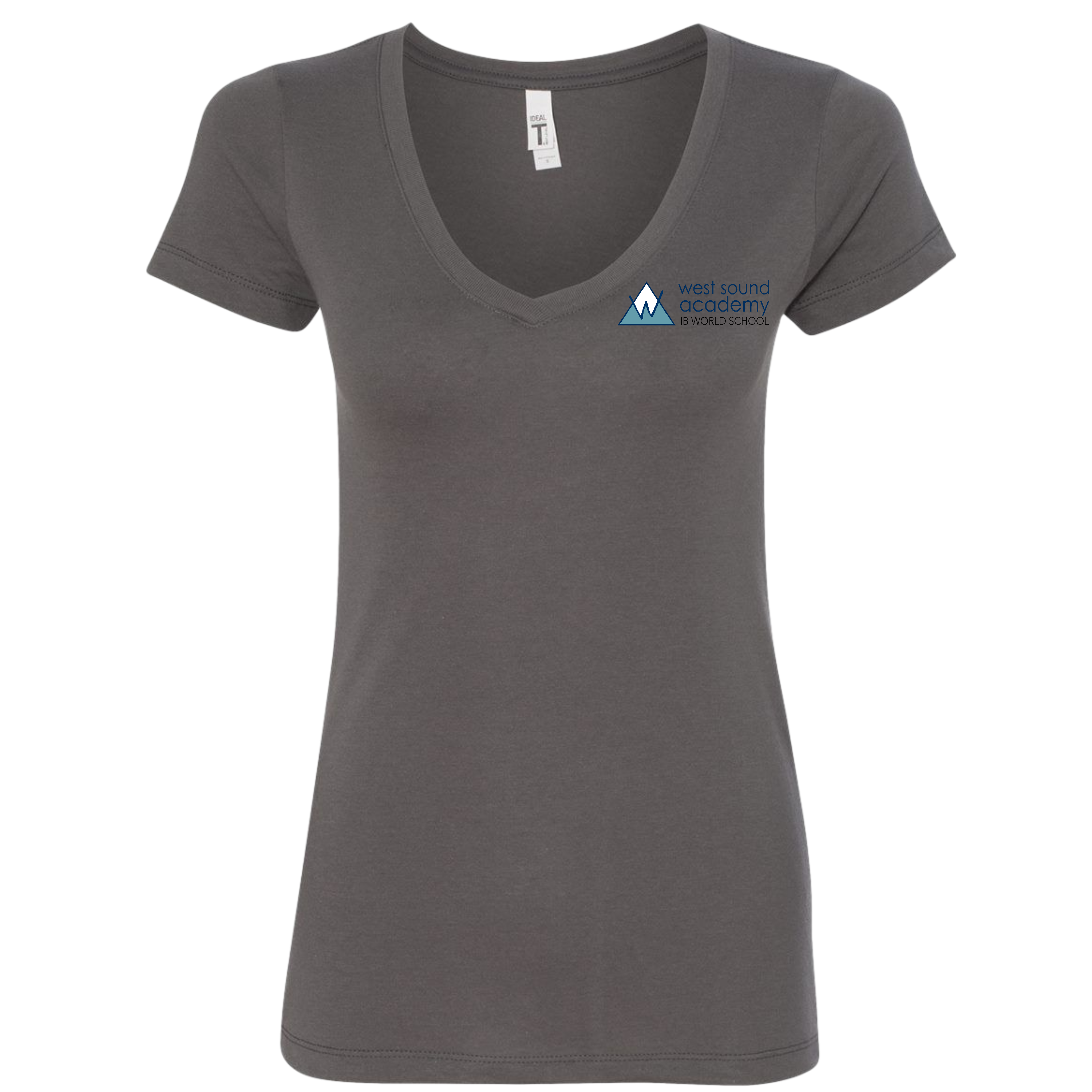 A dark gray women's V-neck t-shirt with a logo on the front chest area.