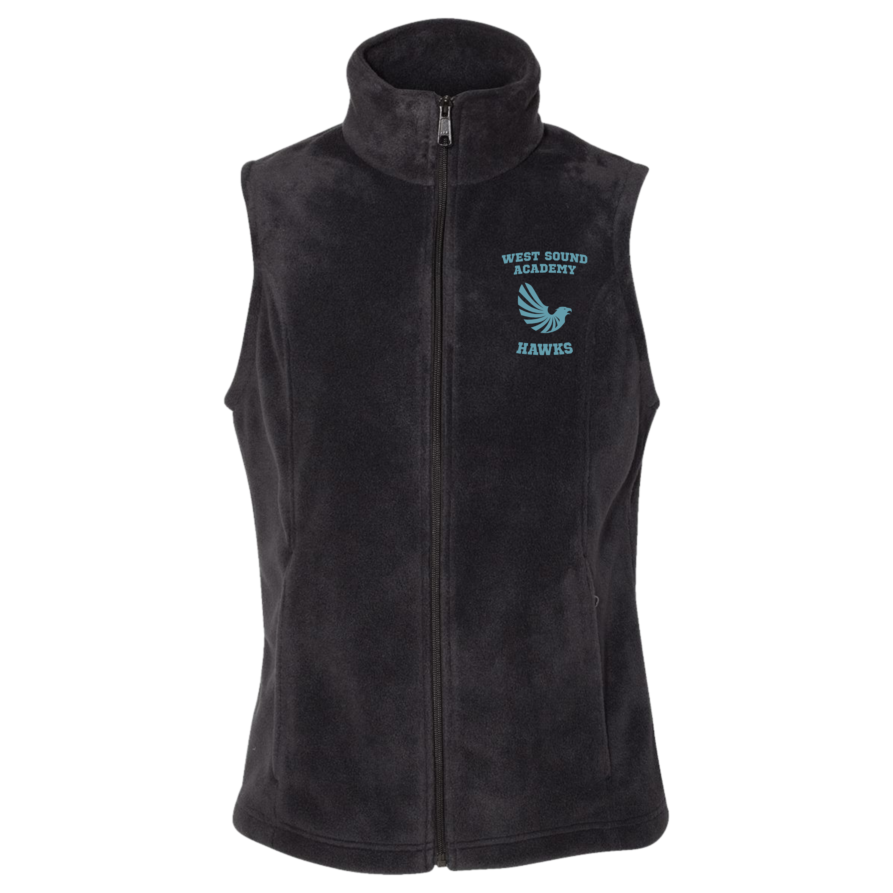 A black fleece vest with a full zipper and a logo embroidered on the front chest. The vest appears to be made of polyester fabric.