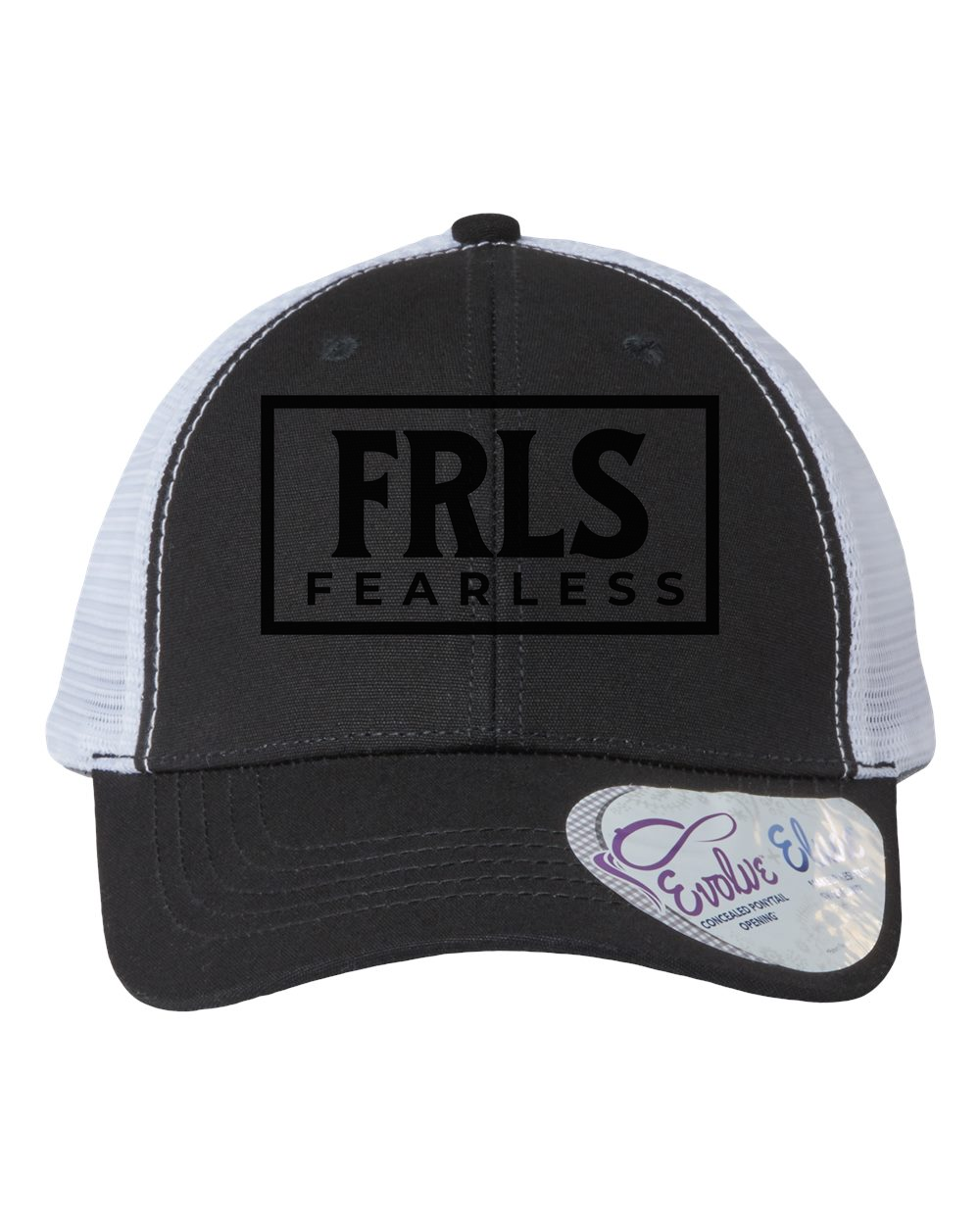 Black Fearless Logo Women's Trucker Hat w/ Ponytail Opening Black/White Infinity Her (Charlie)