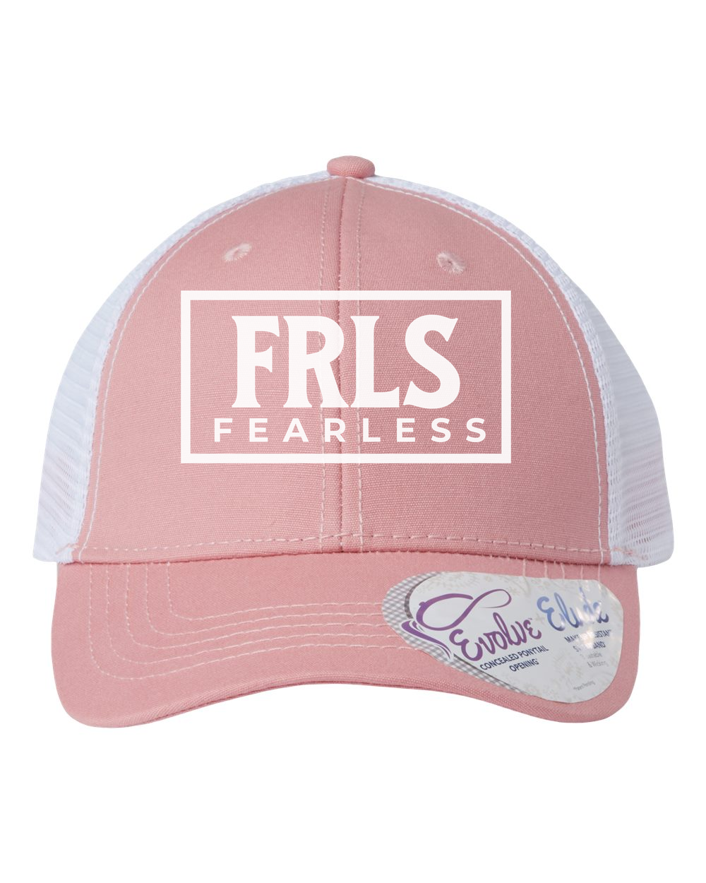 White Fearless Logo Women's Trucker Hat w/ Ponytail Opening Dusty Rose/White Infinity Her (Charlie)