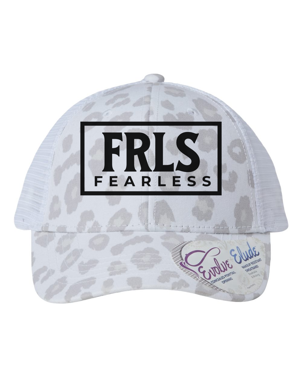 Black Fearless Logo Women's Trucker Hat w/ Ponytail Opening Snow Leopard/White Infinity Her (Charlie)