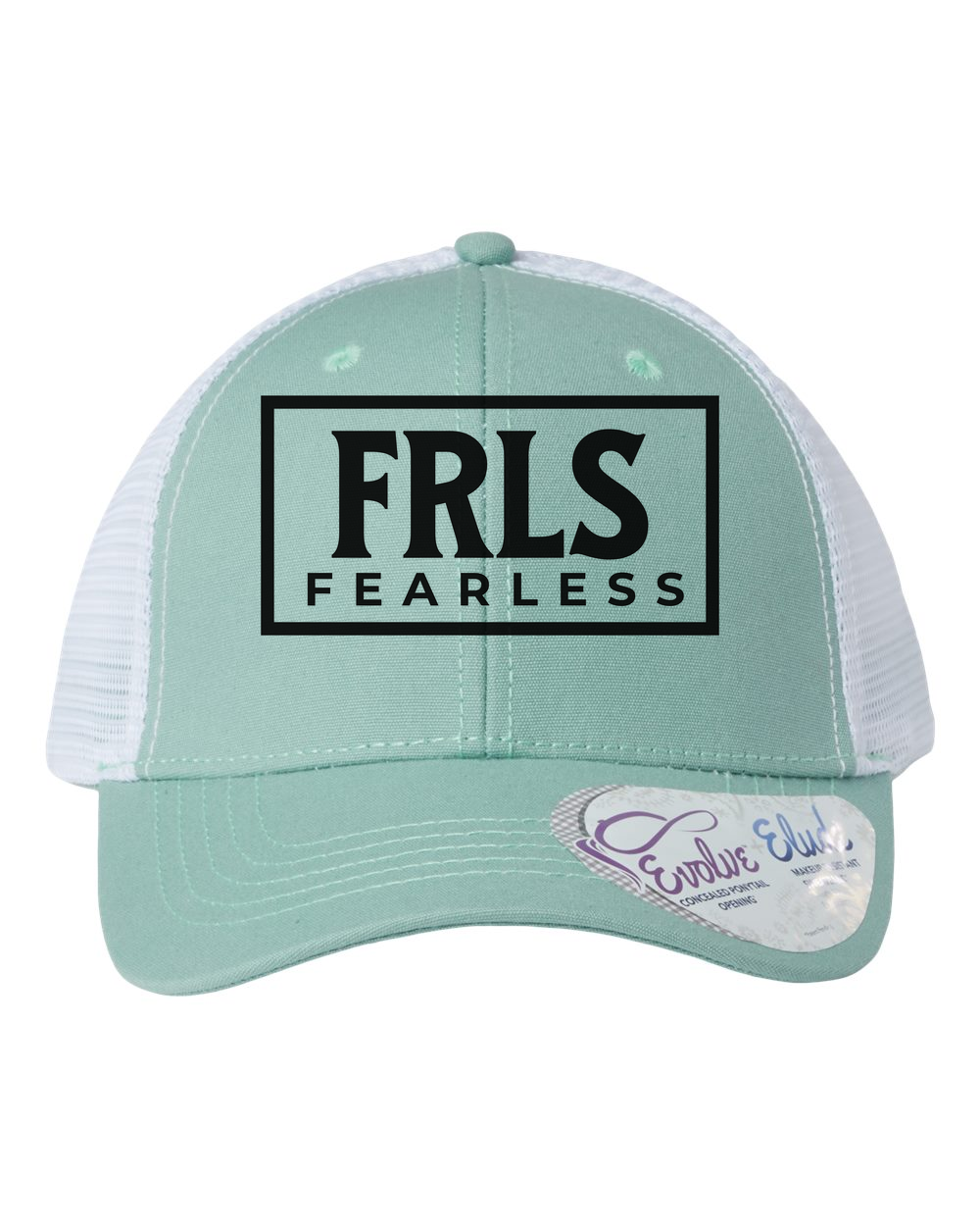 Black Fearless Logo Women's Trucker Hat w/ Ponytail Opening Seafoam/White Infinity Her (Charlie)