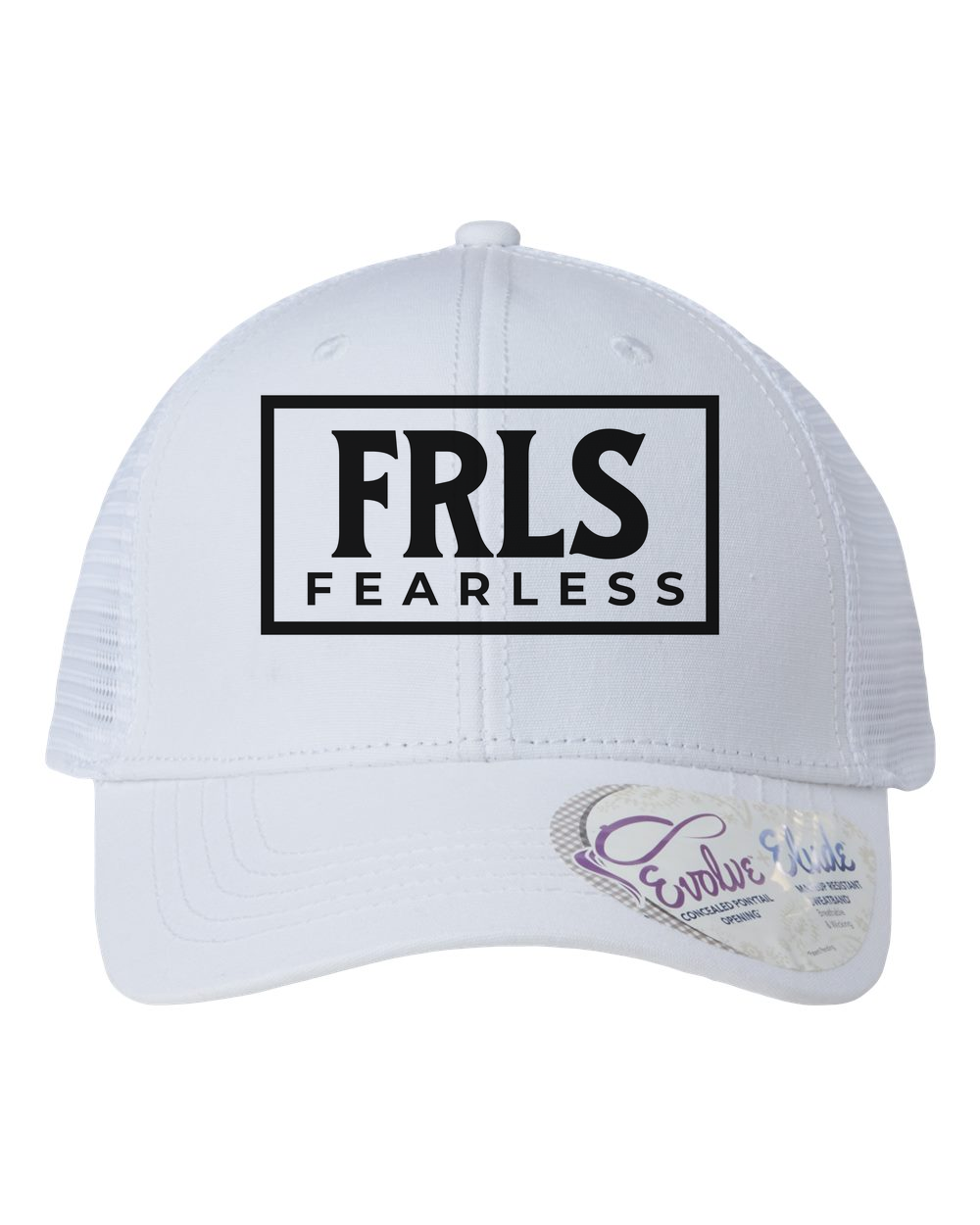 Black Fearless Logo Women's Trucker Hat w/ Ponytail Opening White/White Infinity Her (Charlie)