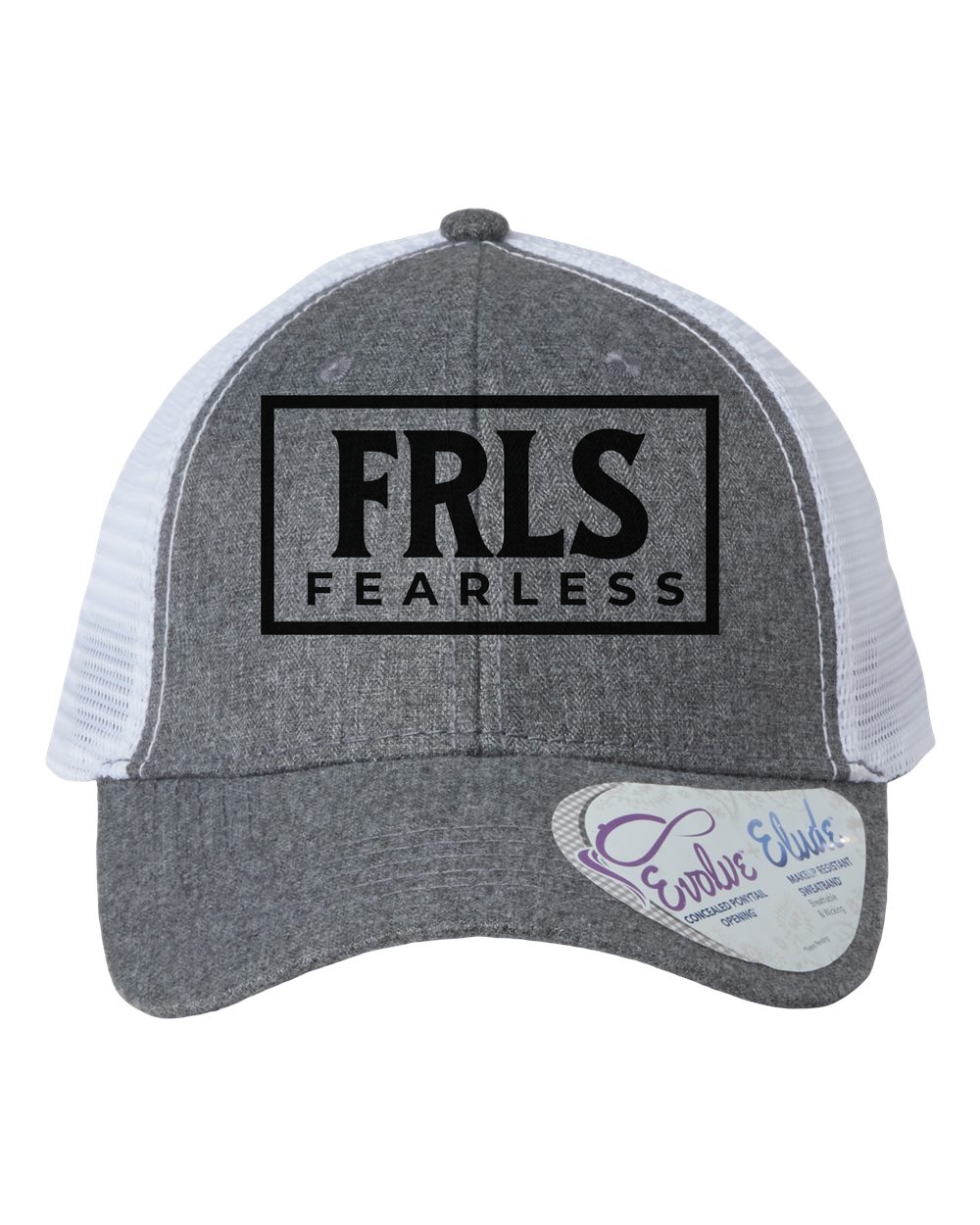 Black Fearless Logo Women's Trucker Hat w/ Ponytail Opening Heather Grey/White Infinity Her (Charlie)