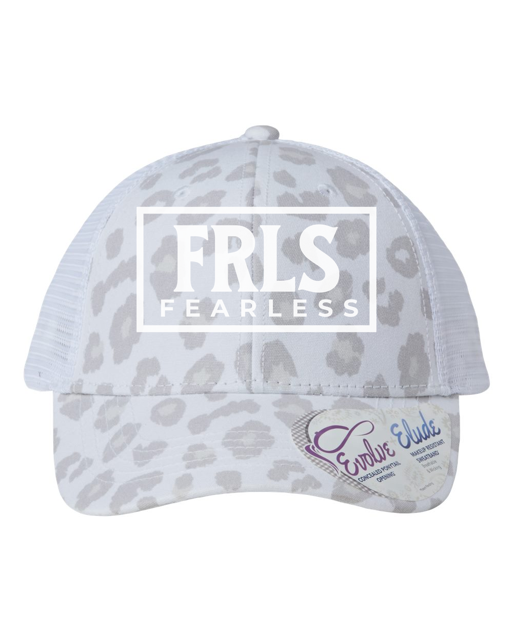 White Fearless Logo Women's Trucker Hat w/ Ponytail Opening Snow Leopard/White Infinity Her (Charlie)