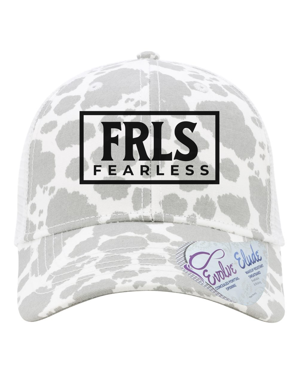 Black Fearless Logo Women's Trucker Hat w/ Ponytail Opening Grey Cow/White Infinity Her (Charlie)