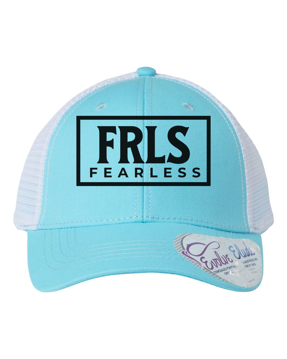 Black Fearless Logo Women's Trucker Hat w/ Ponytail Opening Light Blue/White Infinity Her (Charlie)