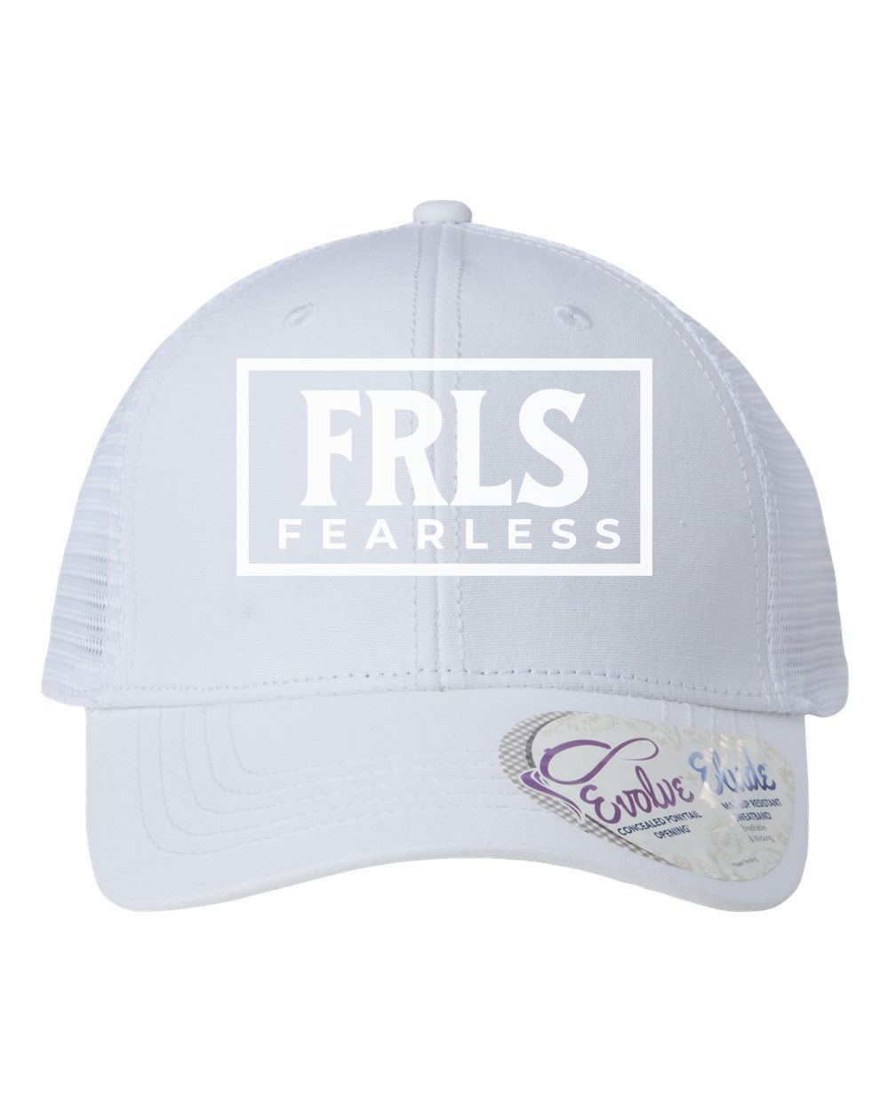White Fearless Logo Women's Trucker Hat w/ Ponytail Opening - Shirtify