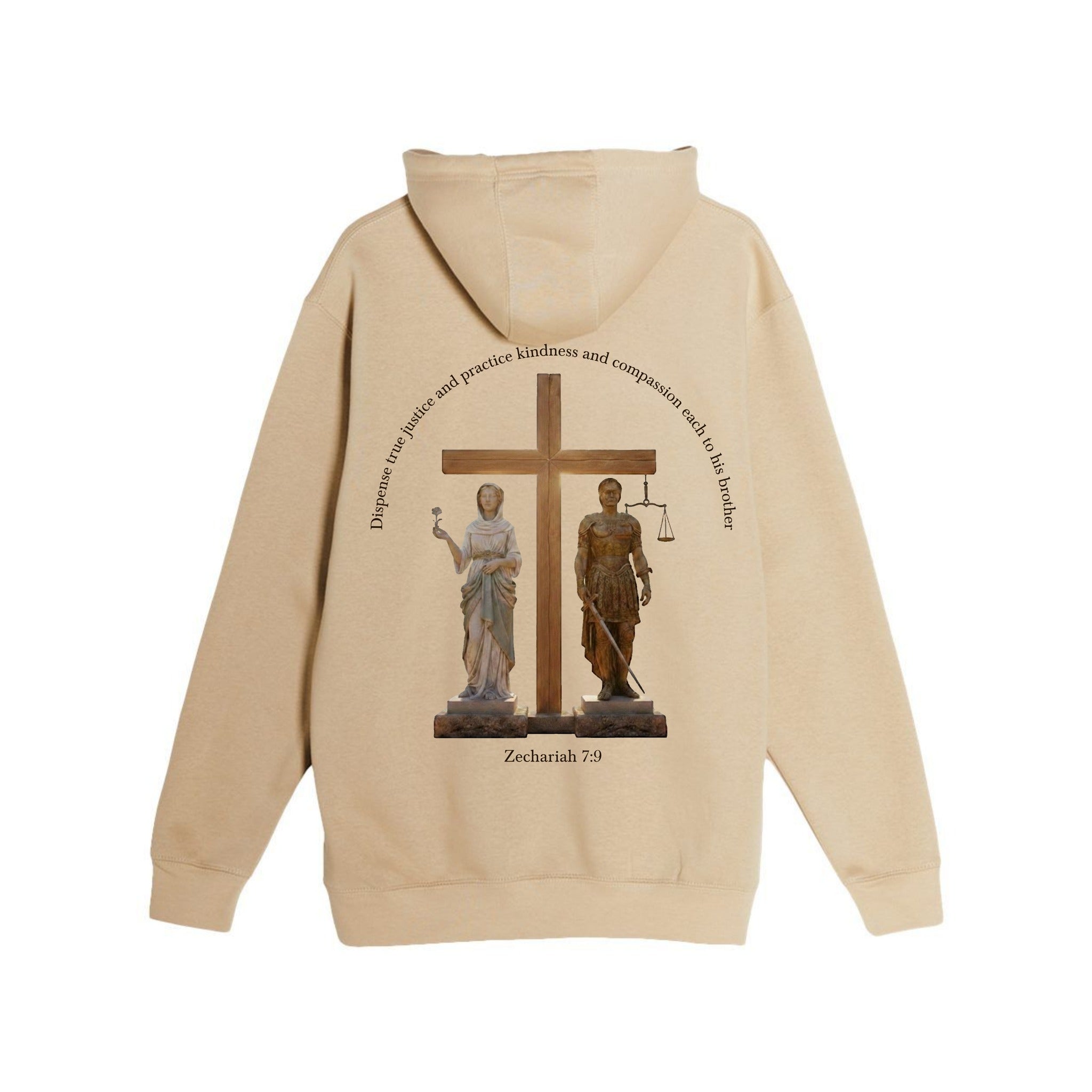 Back of the Forged Mushroom hoodie, a cross between statues of mercy and justice under the words of Zechariah 7:9, dispense true justice and practice kindness and compassion each to his brother