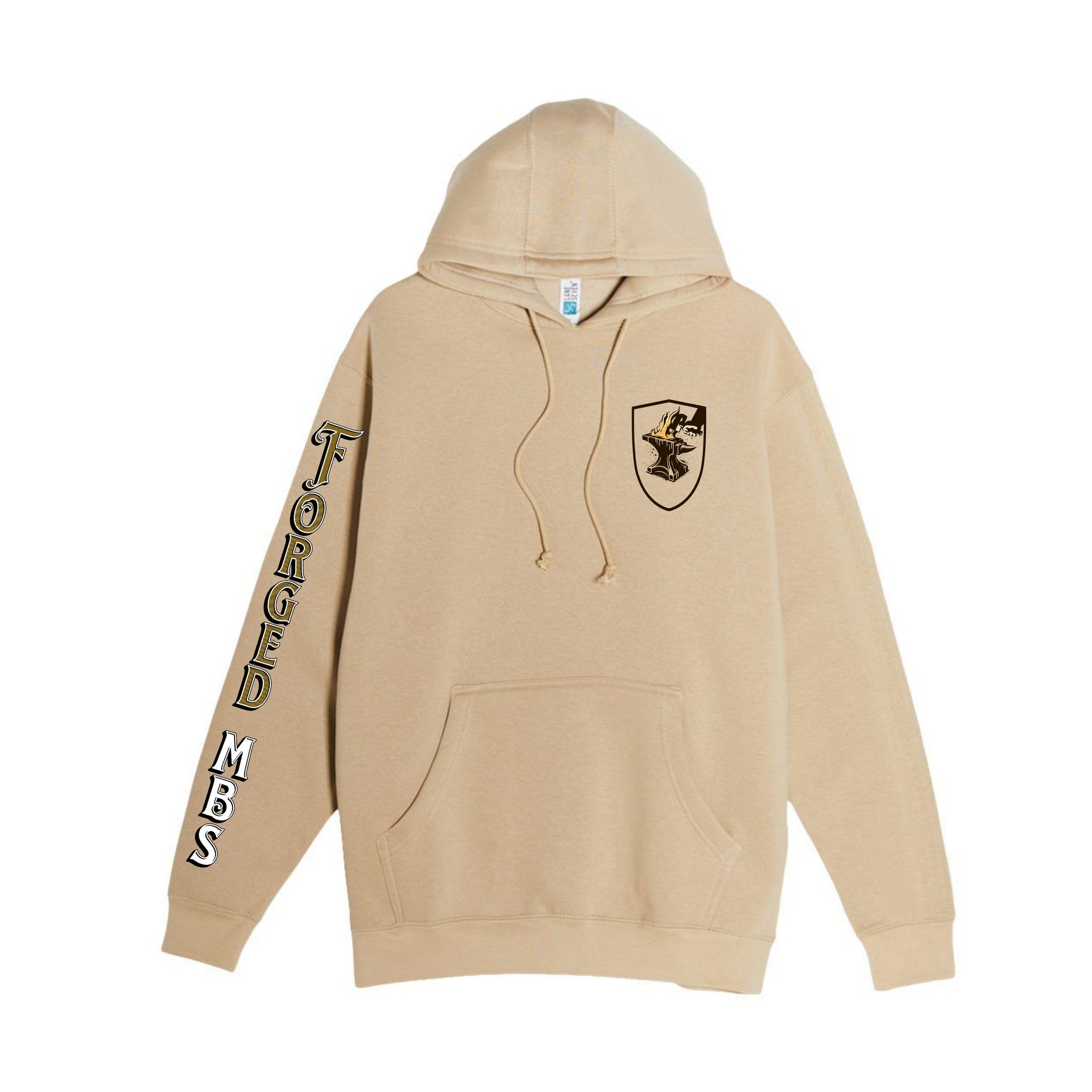 Forged Men's Bible Study hoodie in Mushroom, front view, anvil and flame crest on the left chest and Forged MBS printed down the sleeve