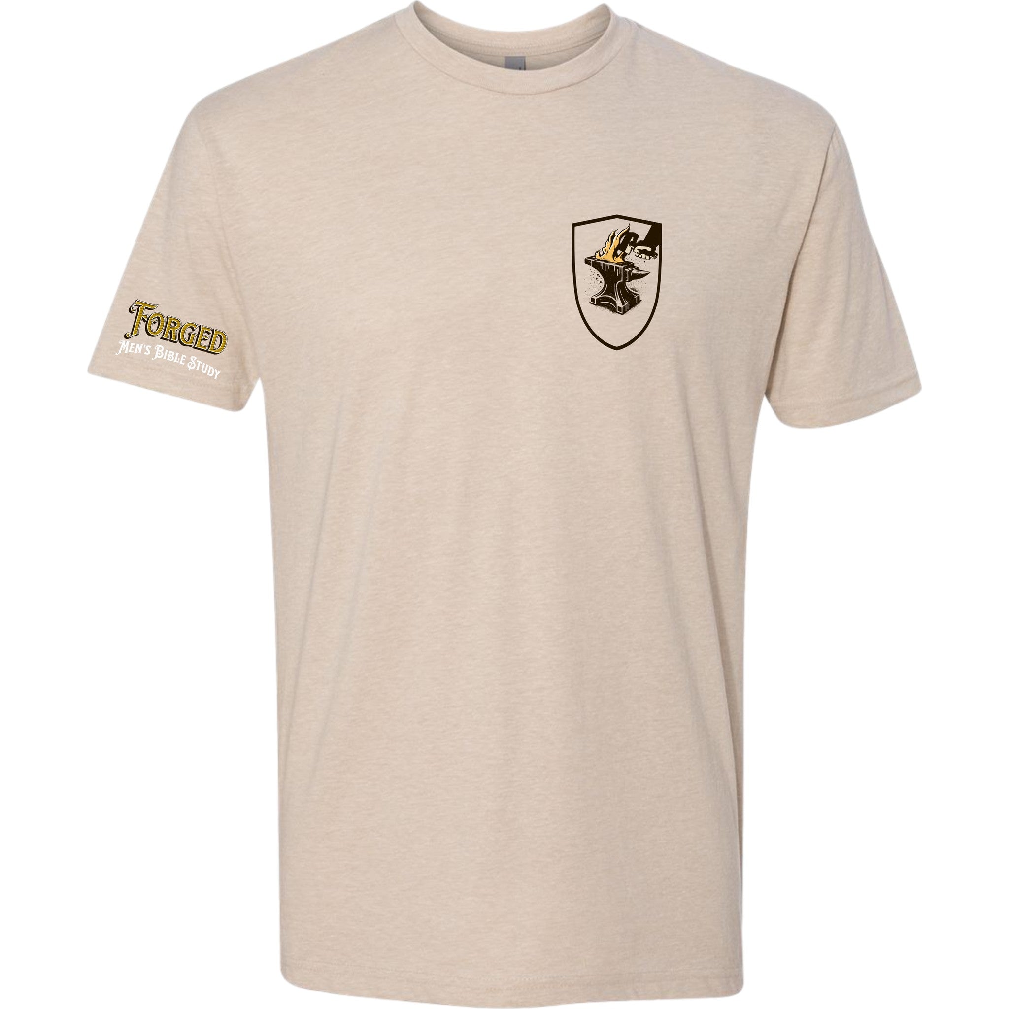 Forged Men's Bible Study cream t-shirt, front view, anvil and flame crest on the left chest and Forged Men's Bible Study printed on the sleeve